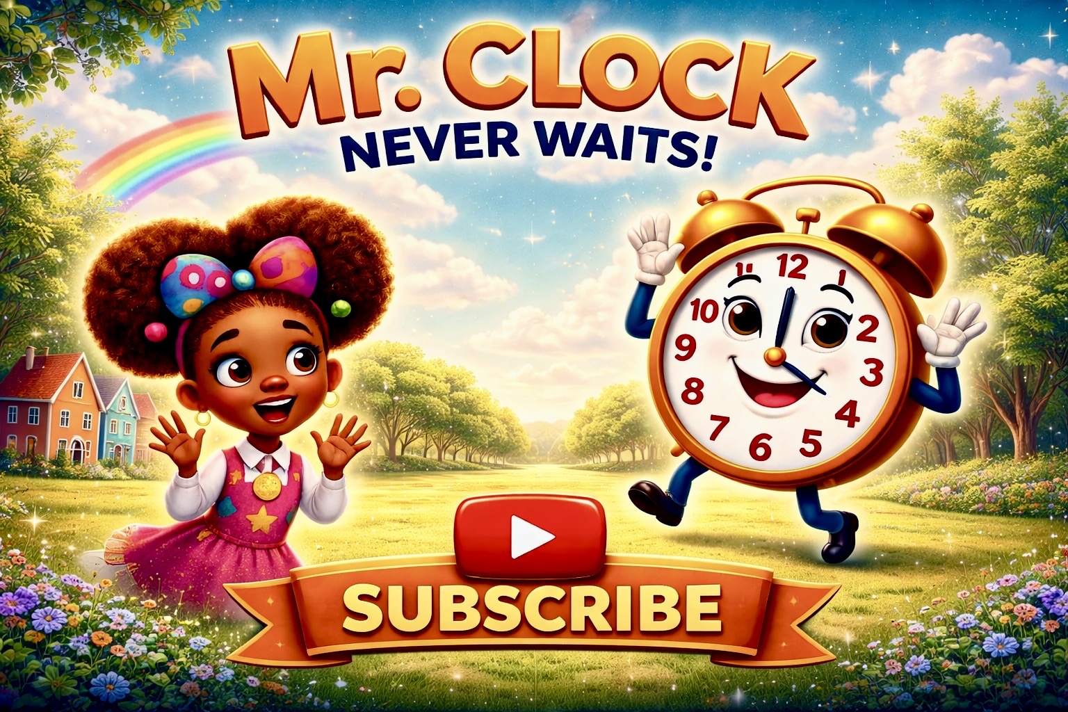 Mr. Clock and friend waving hello in a colorful storybook meadow
