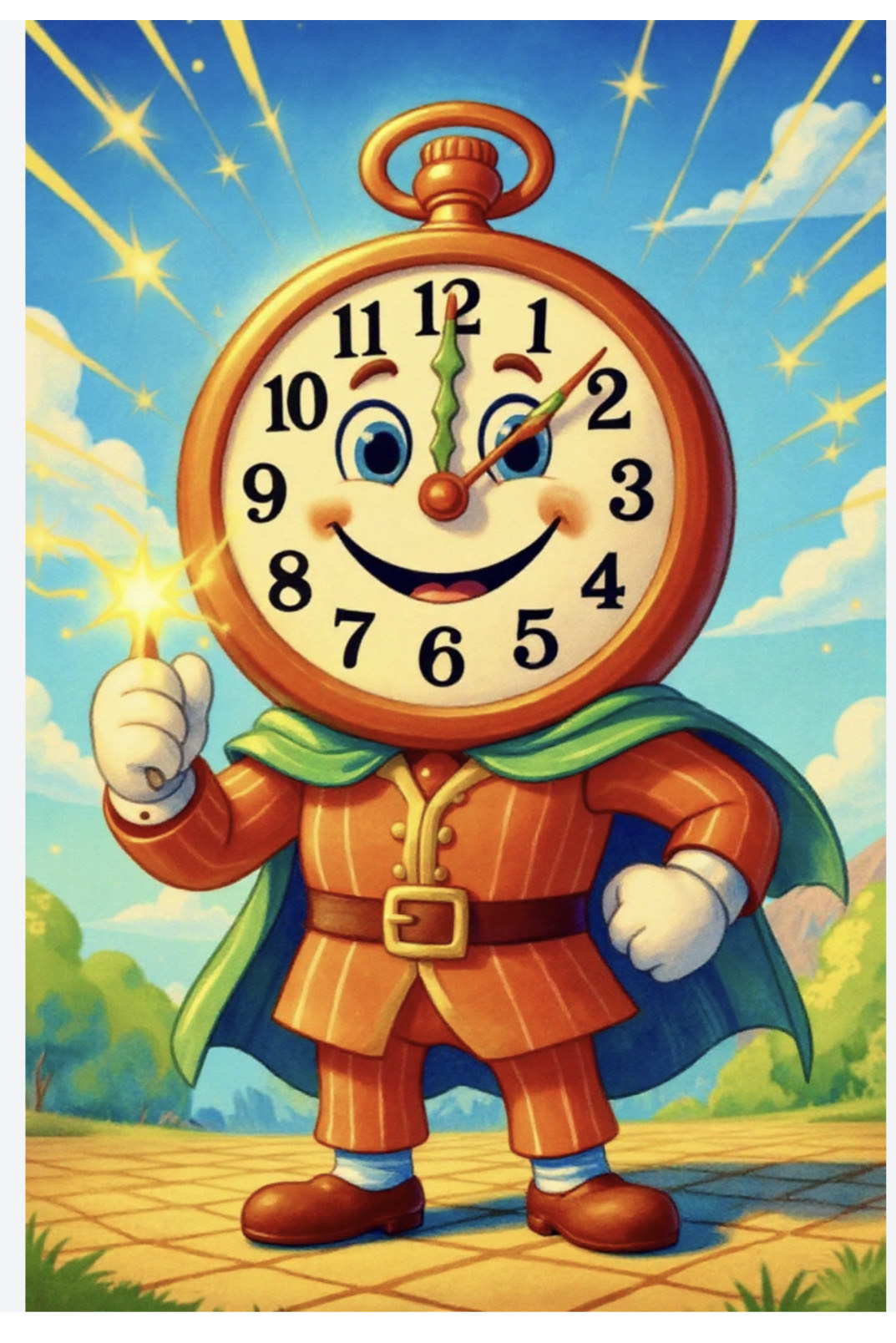 Mr. Clock, the friendly pocket-watch hero, smiling with sparkle in hand